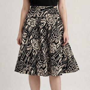 Helen Wang Black & Cream Floral Midi Skirt A-Line Size 4